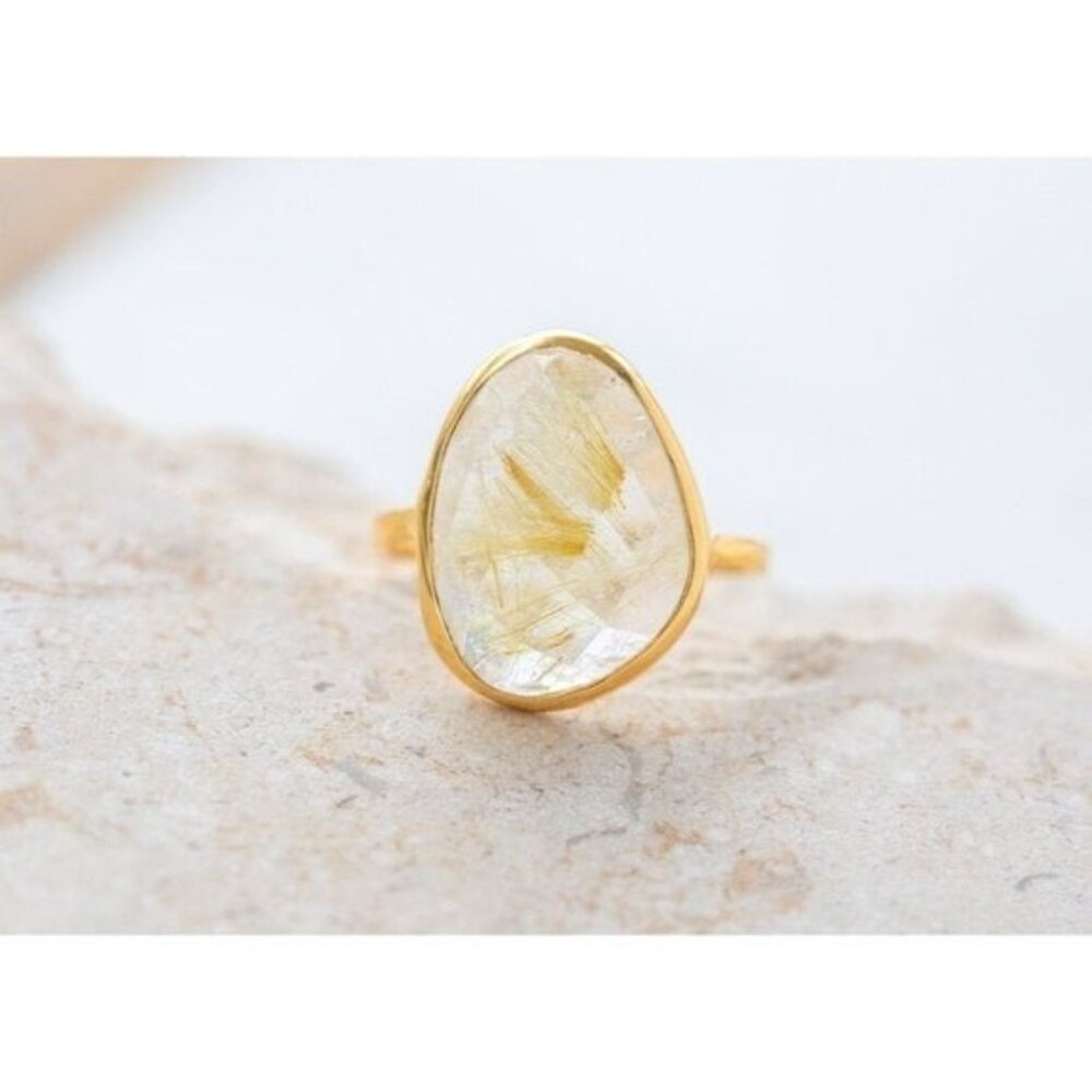 Statement Ring Gold Rutile Quartz Gold Vermeil Beautiful Faceted Rutile Quartz - Picture 15 of 15